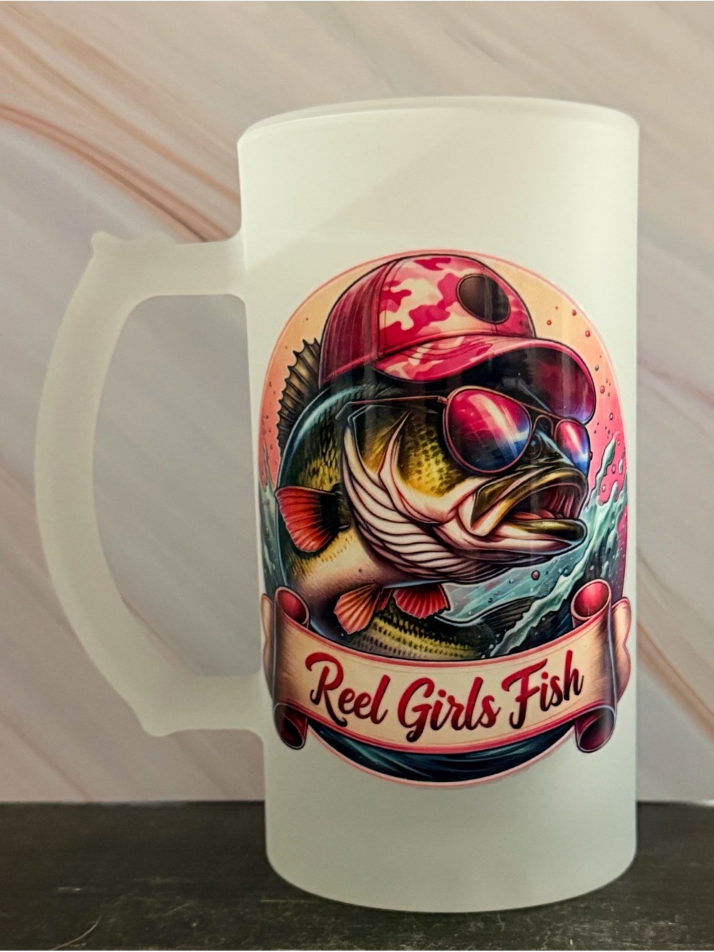 Frosted 16 oz Glass Beer Mug Pink Camo “Reel Girls Fish” Bright Vivid Colors